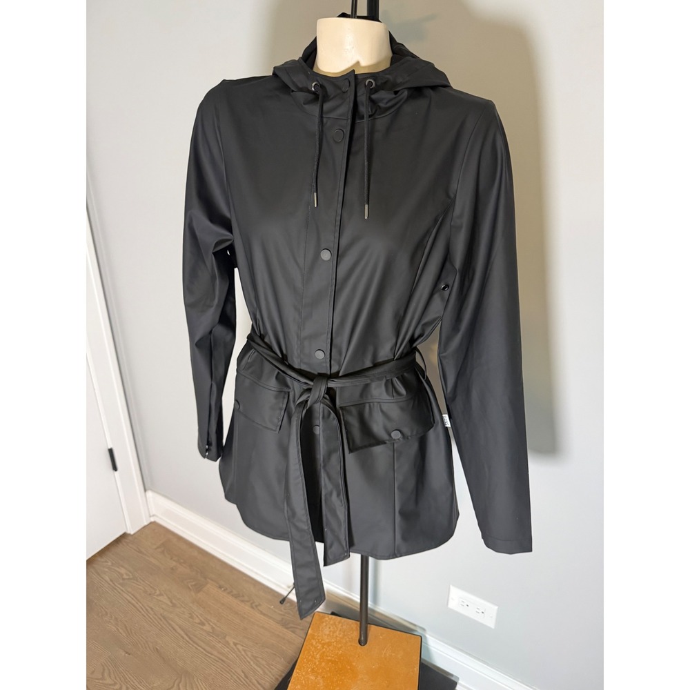 Rains Curve Jacket Black Waterproof Hooded Belted Raincoat Women Medium